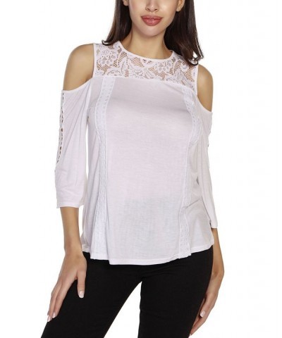 Women's Black Label Ruffle Lace Cold Shoulder Top White $24.50 Tops