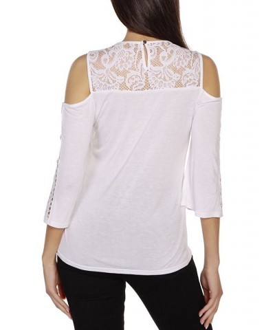 Women's Black Label Ruffle Lace Cold Shoulder Top White $24.50 Tops