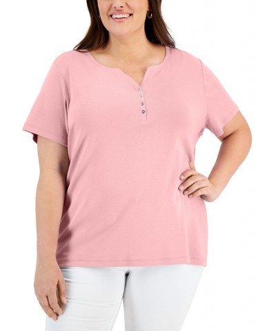 Plus Size Cotton Henley Top Soft Pink $8.47 Tops