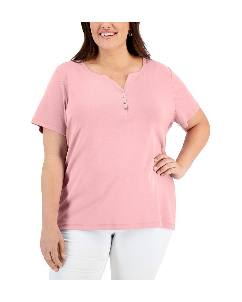 Plus Size Cotton Henley Top Soft Pink $8.47 Tops