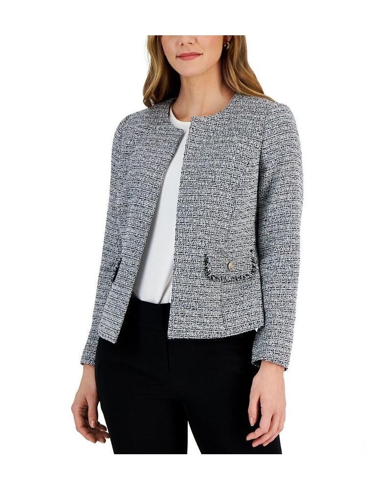 Women's Collarless Tweed Cardigan Open-Front Jacket Black Multi $31.60 Jackets