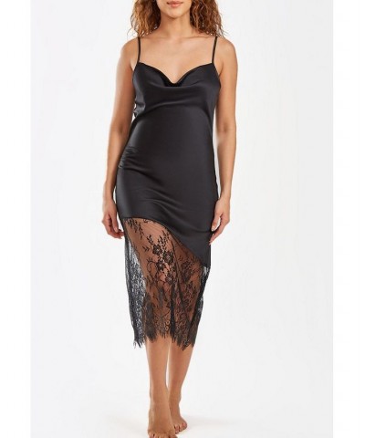 Women's Jeanie Satin Gown with Front Drape and Floral Eyelash Lace Contrast Black $42.63 Sleepwear