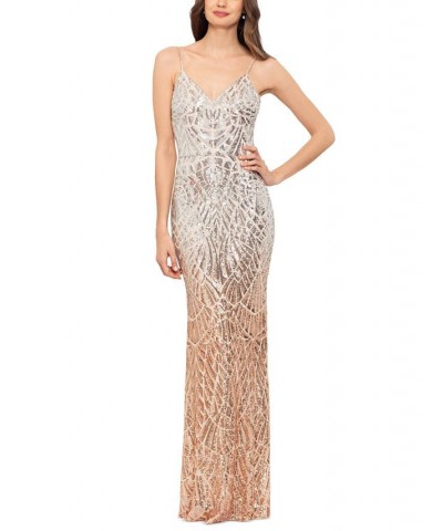 Women's Sequined Low-Back Evening Gown Silver Champagne $143.09 Dresses