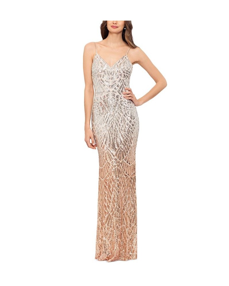 Women's Sequined Low-Back Evening Gown Silver Champagne $143.09 Dresses