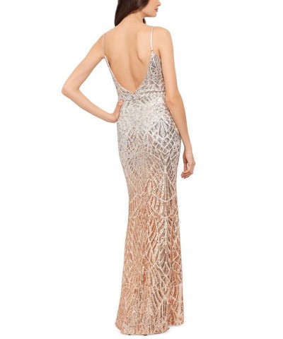 Women's Sequined Low-Back Evening Gown Silver Champagne $143.09 Dresses