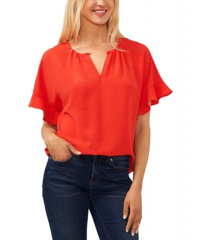 Women's Short Sleeve Drop-Shoulder Wide Scoop-Neck Blouse Poppy Red $38.71 Tops