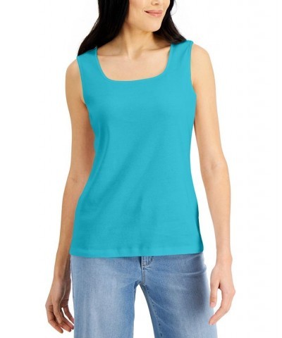 Petite Cotton Square-Neck Tank Top Aqua Oasis $11.01 Tops