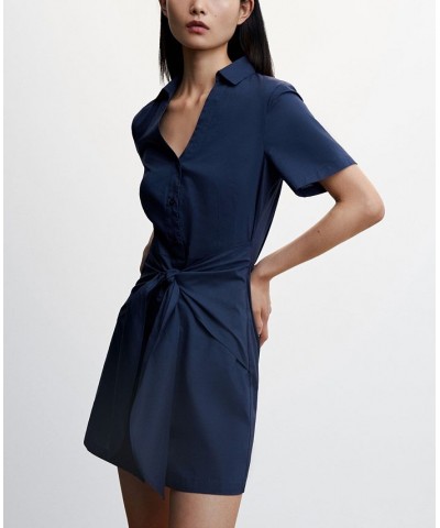 Women's Short Sleeve Bow Shirt Dress Blue $37.79 Dresses