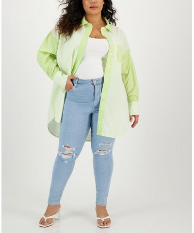 Trendy Plus Size Colorblock Stripe Button-Front Top Green $14.85 Tops