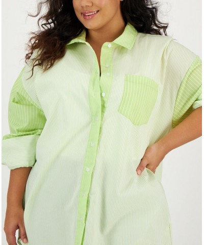 Trendy Plus Size Colorblock Stripe Button-Front Top Green $14.85 Tops