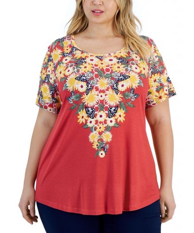 Plus Size Floral-Print Scoop-Neck Top Red $13.77 Tops