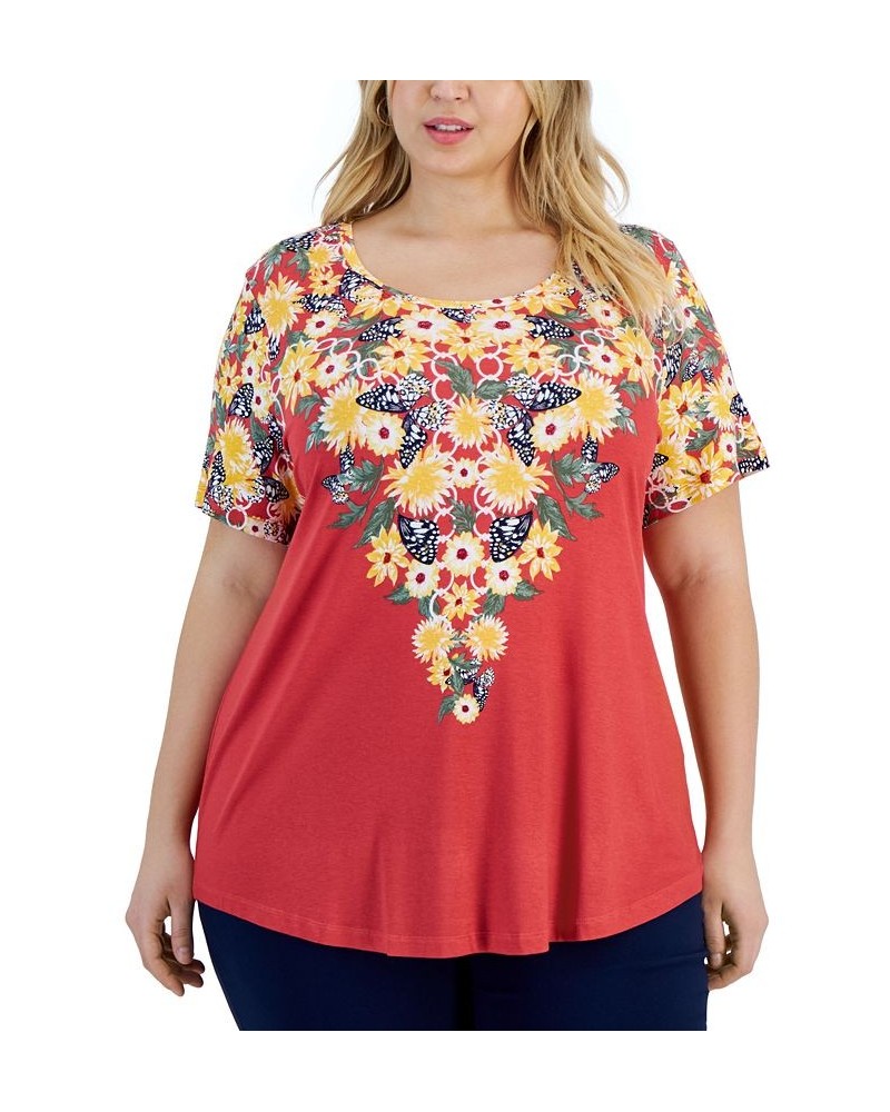 Plus Size Floral-Print Scoop-Neck Top Red $13.77 Tops