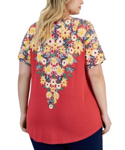 Plus Size Floral-Print Scoop-Neck Top Red $13.77 Tops