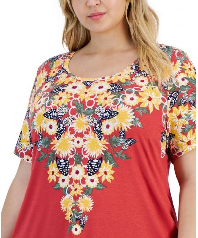 Plus Size Floral-Print Scoop-Neck Top Red $13.77 Tops