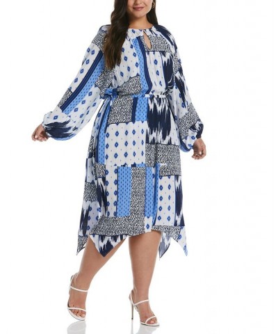 Plus Size Batik Print Long Raglan Sleeve Handkerchief Dress Dazzling Blue $50.66 Dresses