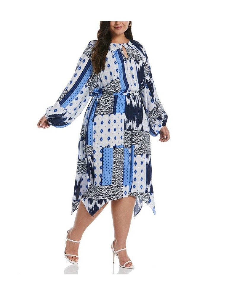 Plus Size Batik Print Long Raglan Sleeve Handkerchief Dress Dazzling Blue $50.66 Dresses