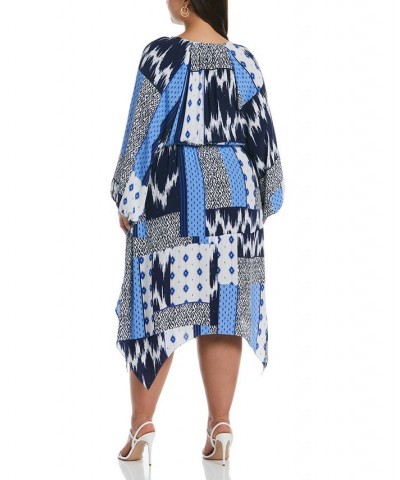 Plus Size Batik Print Long Raglan Sleeve Handkerchief Dress Dazzling Blue $50.66 Dresses