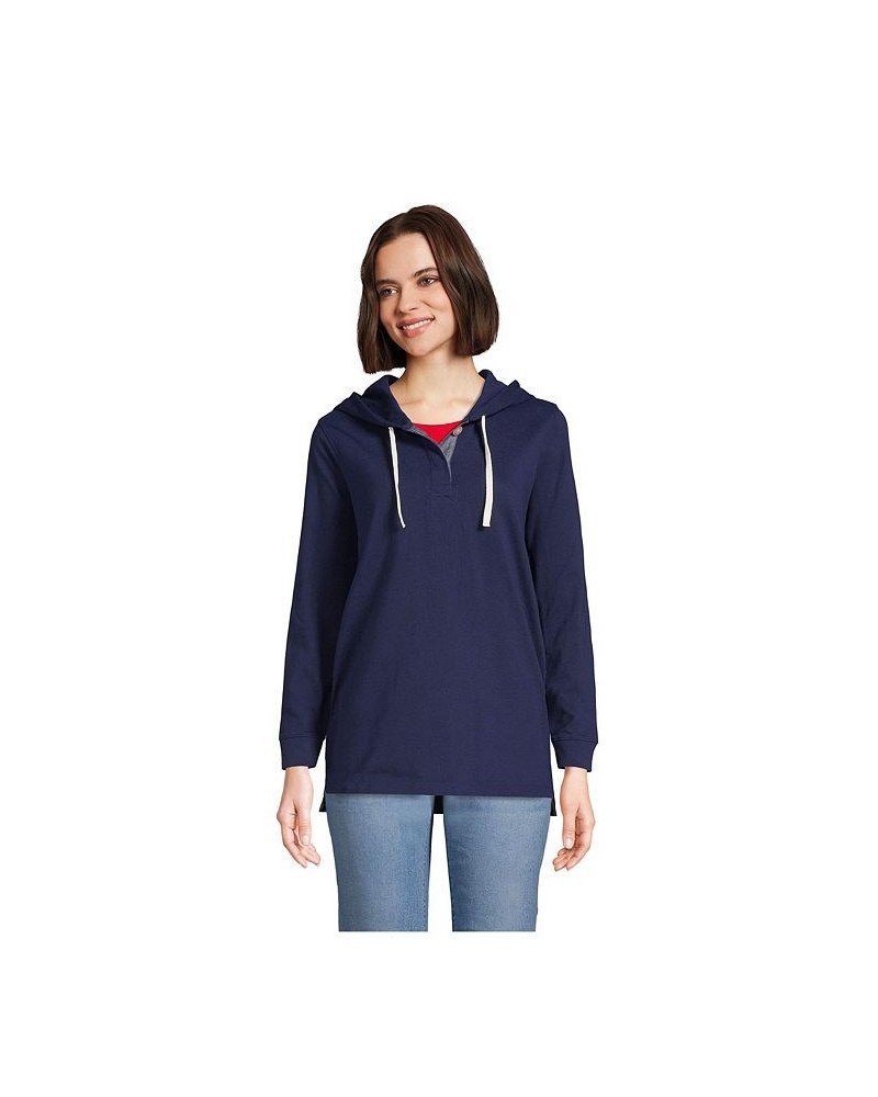 Women's Petite Long Sleeve Heavyweight Jersey Button Front Hoodie Tunic Blue $34.48 Tops