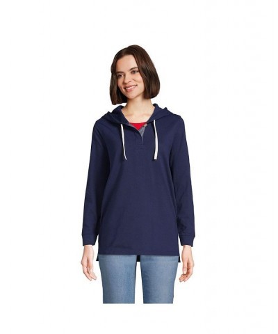 Women's Petite Long Sleeve Heavyweight Jersey Button Front Hoodie Tunic Blue $34.48 Tops