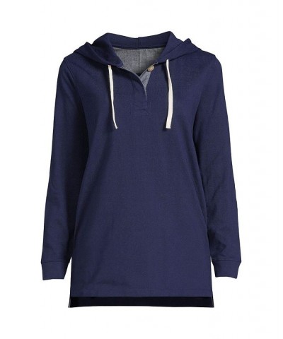 Women's Petite Long Sleeve Heavyweight Jersey Button Front Hoodie Tunic Blue $34.48 Tops