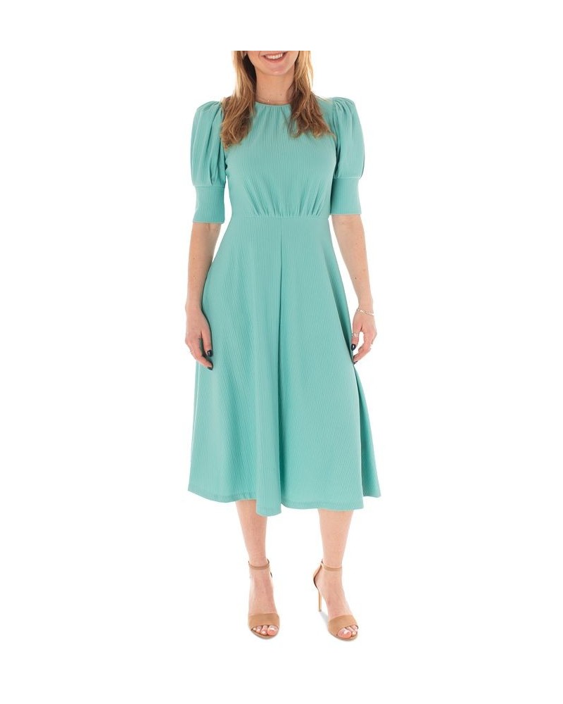 Women's Puff-Sleeve Ottoman Knit Midi Dress Blue $43.66 Dresses