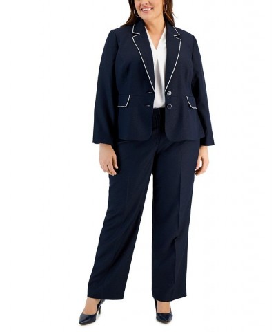 Plus Size Contrast-Trimmed Notch Collar Pantsuit Blue $62.00 Suits
