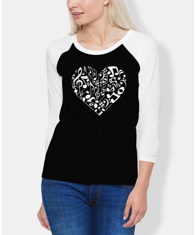 Women's Raglan Word Art Heart Notes T-shirt Black, White $25.07 Tops