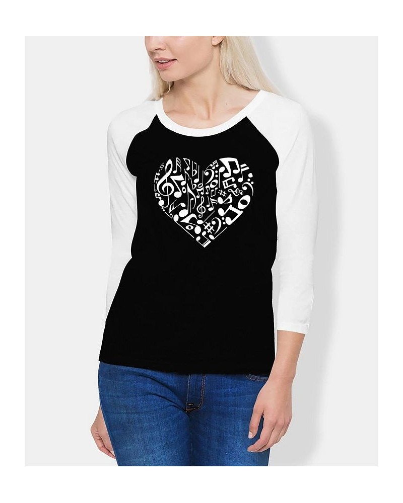 Women's Raglan Word Art Heart Notes T-shirt Black, White $25.07 Tops