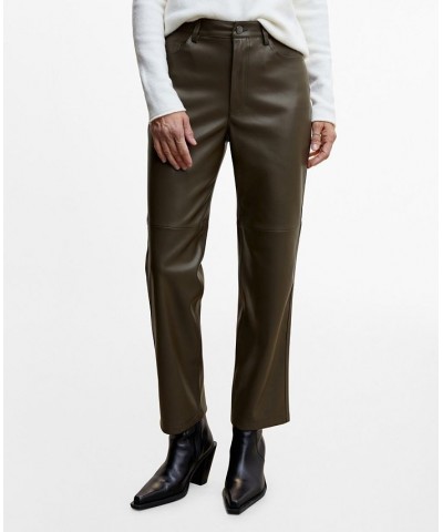 Women's Leather-Effect Straight Trousers Brown $42.39 Pants