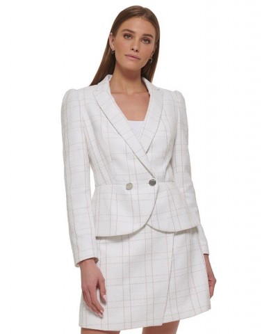 Women's Plaid Peplum-Hem Puff-Sleeve Button Blazer White / Sand $76.05 Jackets
