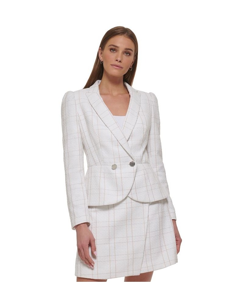 Women's Plaid Peplum-Hem Puff-Sleeve Button Blazer White / Sand $76.05 Jackets