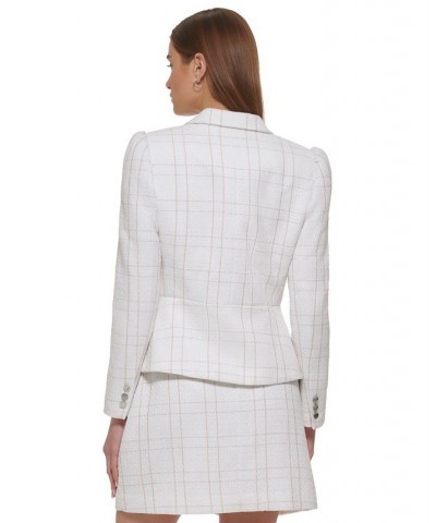 Women's Plaid Peplum-Hem Puff-Sleeve Button Blazer White / Sand $76.05 Jackets