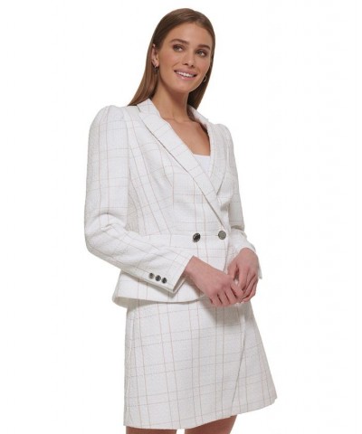 Women's Plaid Peplum-Hem Puff-Sleeve Button Blazer White / Sand $76.05 Jackets