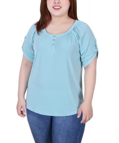 Plus Size Short Sleeve Round Neck Henley Top Blue $14.08 Tops