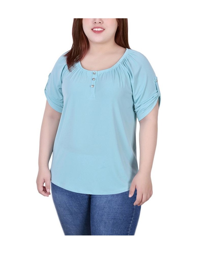 Plus Size Short Sleeve Round Neck Henley Top Blue $14.08 Tops