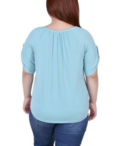 Plus Size Short Sleeve Round Neck Henley Top Blue $14.08 Tops