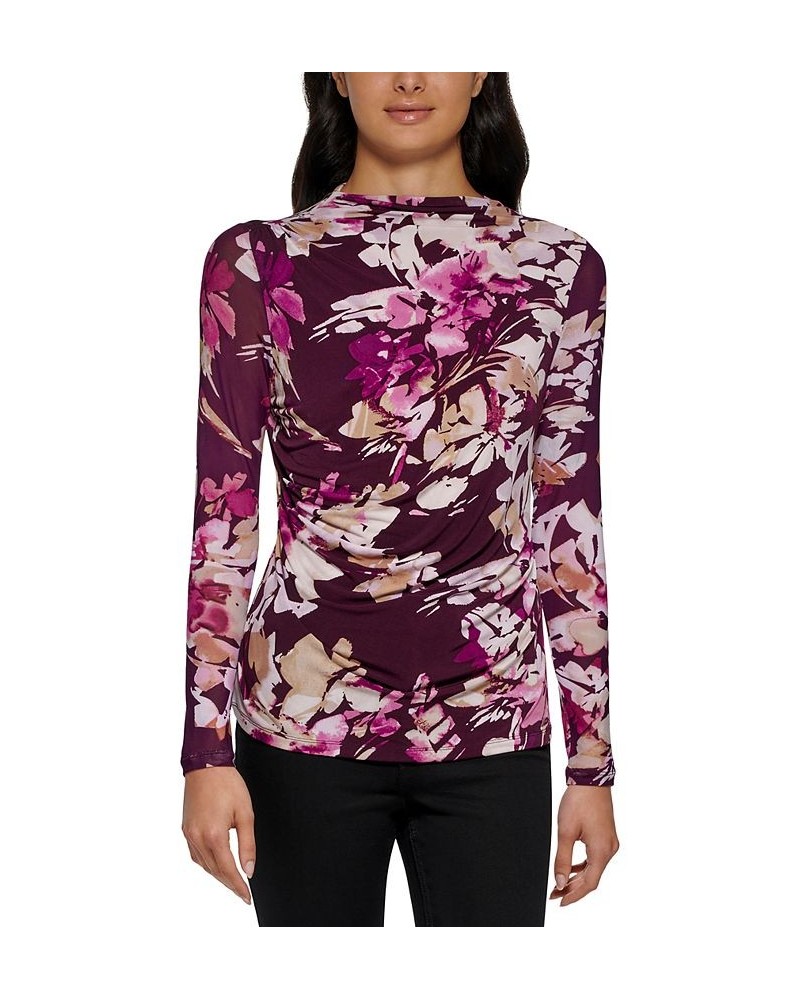 Women's Long Sleeve Floral Mesh Top Aubergine/Latte Multi $26.96 Tops