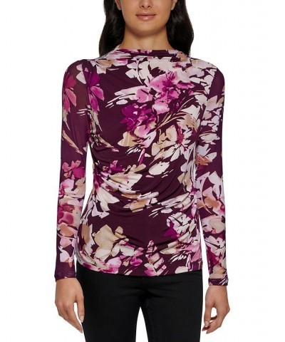 Women's Long Sleeve Floral Mesh Top Aubergine/Latte Multi $26.96 Tops