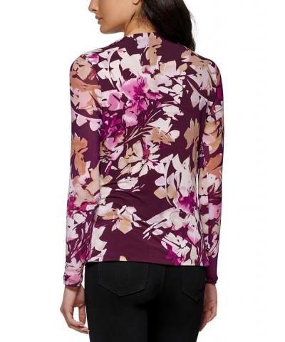 Women's Long Sleeve Floral Mesh Top Aubergine/Latte Multi $26.96 Tops