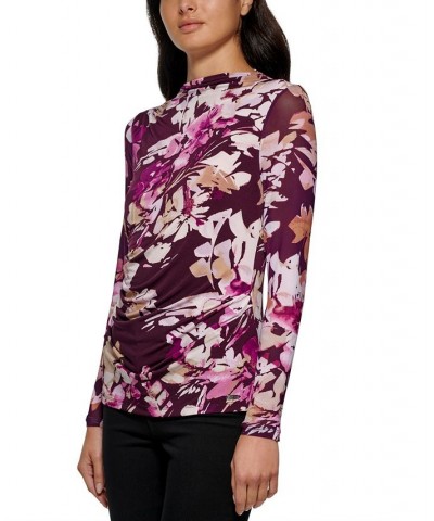 Women's Long Sleeve Floral Mesh Top Aubergine/Latte Multi $26.96 Tops