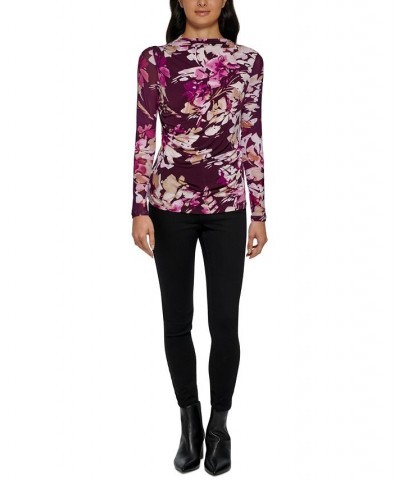 Women's Long Sleeve Floral Mesh Top Aubergine/Latte Multi $26.96 Tops