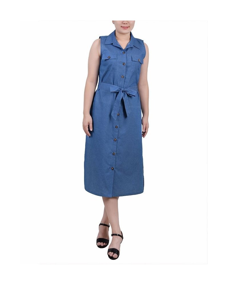 Petite Sleeveless Belted Chambray Dress Medium Denim $16.65 Dresses