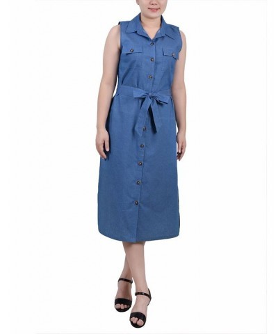 Petite Sleeveless Belted Chambray Dress Medium Denim $16.65 Dresses