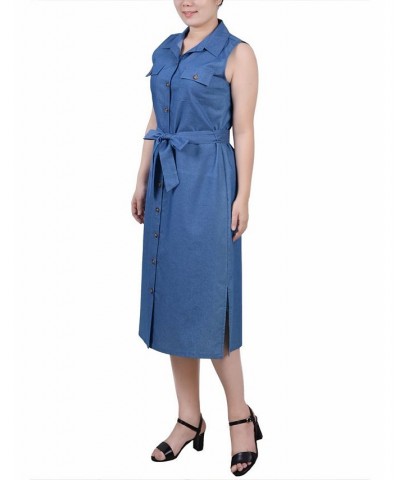 Petite Sleeveless Belted Chambray Dress Medium Denim $16.65 Dresses