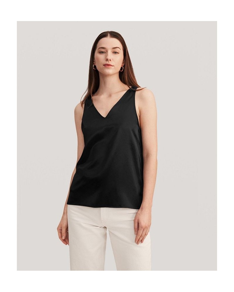 Women's V-Neck Sleeveless Silk Tank Top Black $32.70 Tops