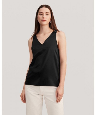 Women's V-Neck Sleeveless Silk Tank Top Black $32.70 Tops