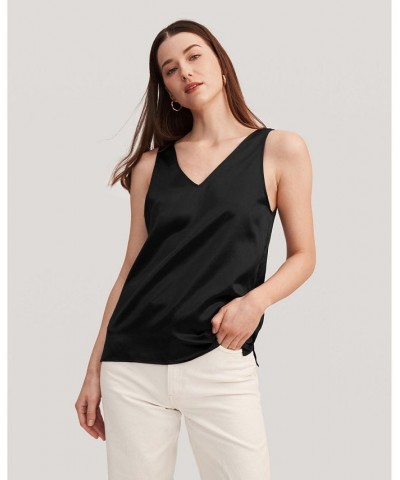 Women's V-Neck Sleeveless Silk Tank Top Black $32.70 Tops