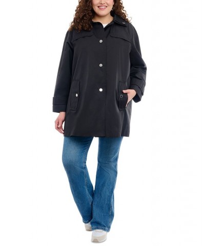 Women's Plus Size Single-Breasted Hooded Raincoat Black $41.60 Coats