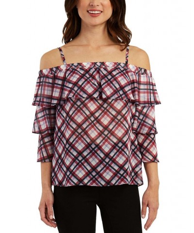 Juniors' Printed Tiered-Sleeve Top Red Plaid $10.98 Tops