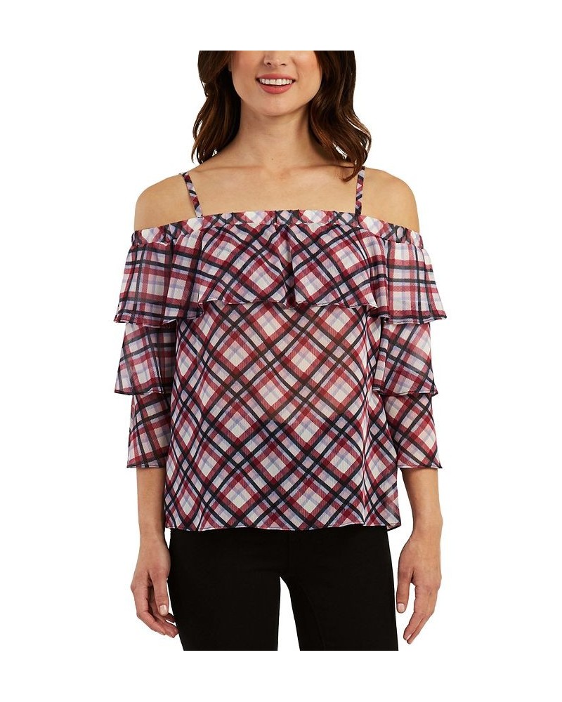 Juniors' Printed Tiered-Sleeve Top Red Plaid $10.98 Tops